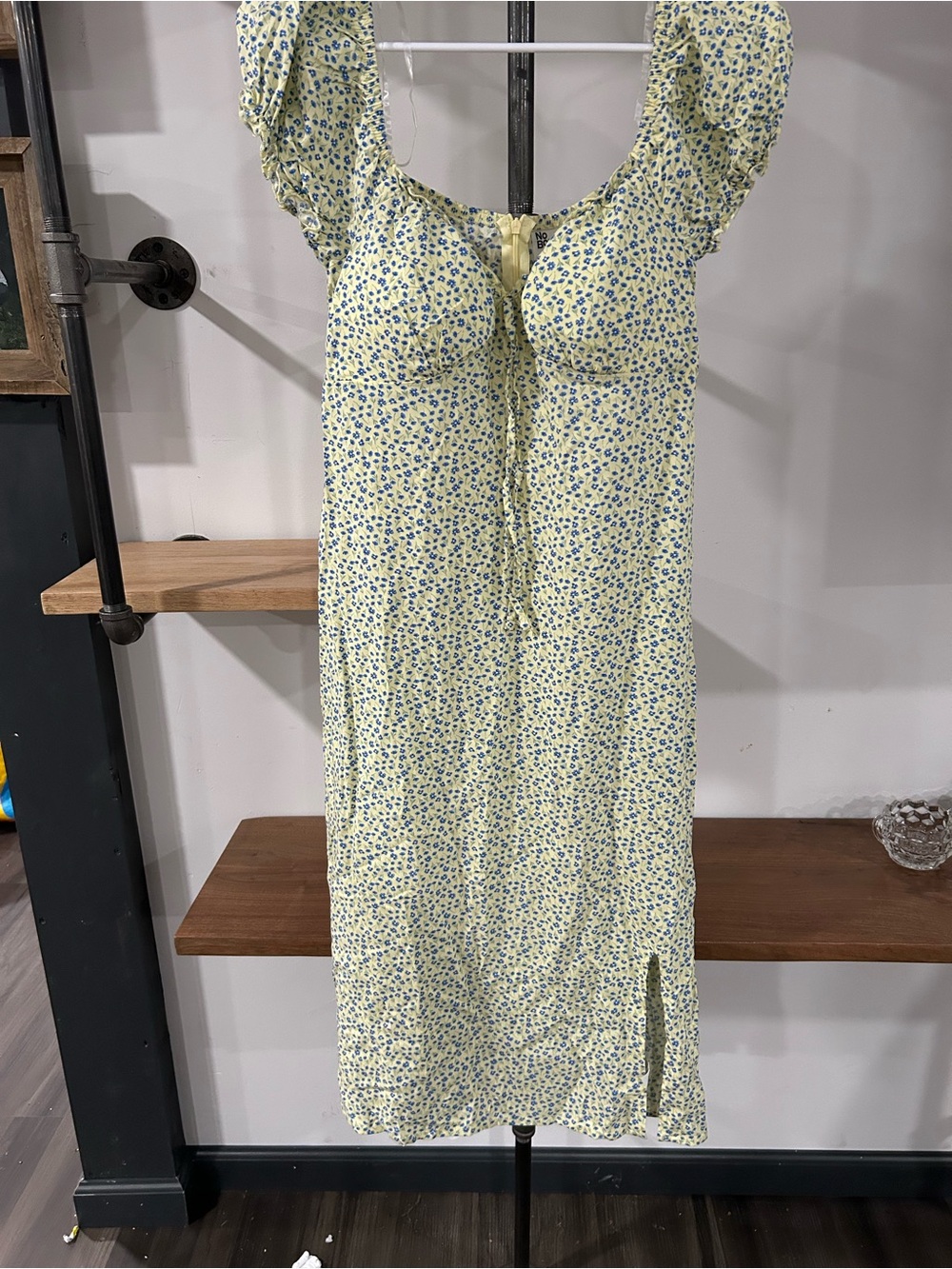 No Boundaries Yellow Floral Midi Dress with Blue Blossom Print